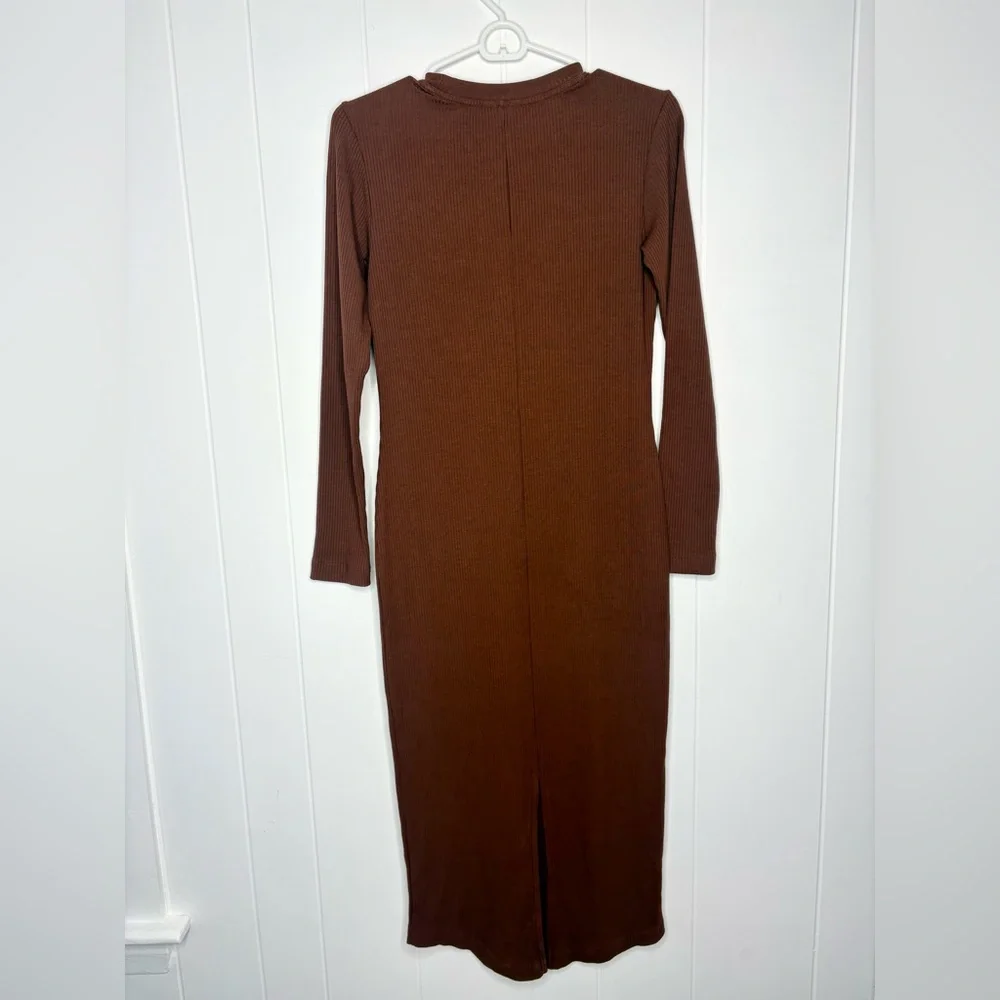 NWT $179 Terez Scoop Neck Long Sleeve Rib Dress in Cafe Brown Midi Size Small - Picture 8 of 10
